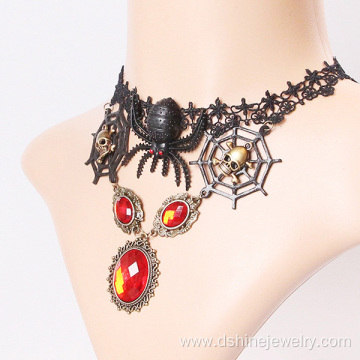 Spider skull charm choker Red stone pendant Lace Necklace